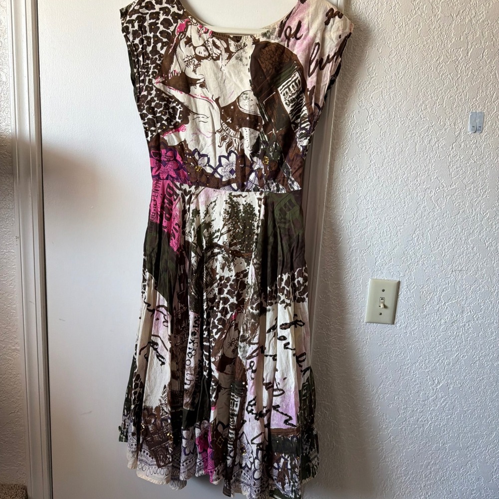 Bandolino Dress Mixed Media Collage Print Sequin Cotton Fit Flare Midi 8 y2k